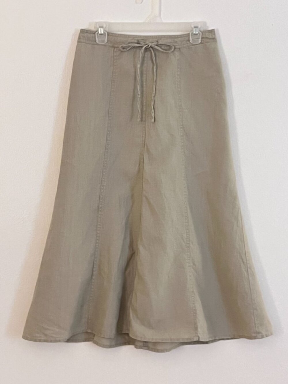 H&M Khaki 100% Linen Maxi Flare Skirt Size 8 Minimalist Coastal Beach Bohemian